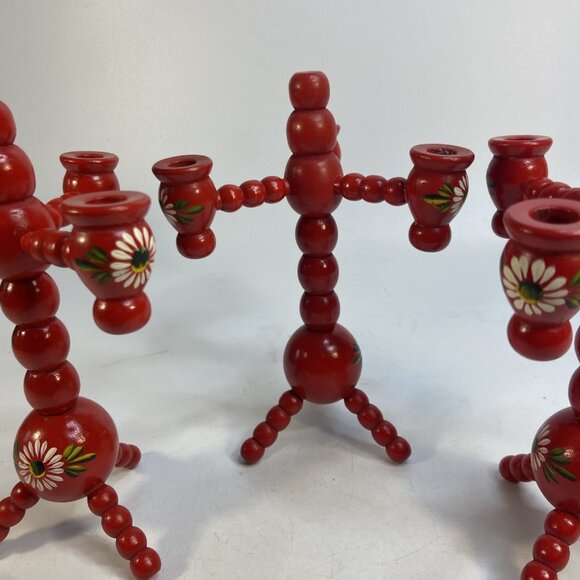 Swedish Traditional Bobbin Candle Holders 3 Arm Hand Painted Wood Red Set of 3 - Picture 3 of 10